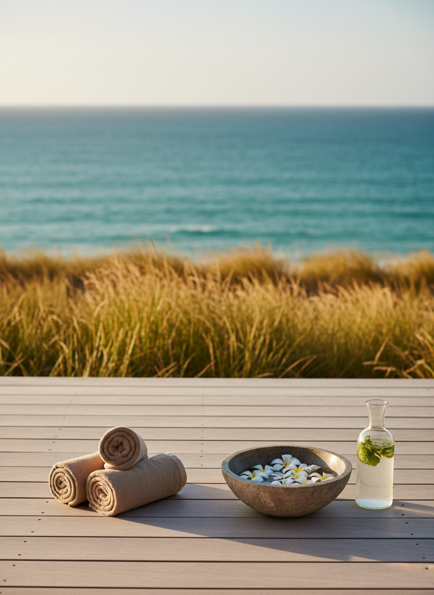 A secluded Seychelles beach with calm turquoise water, soft white sand, and a minimalist coastal deck arranged for private relaxation.