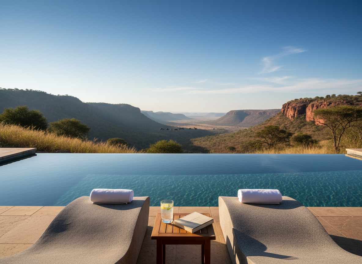 A refined photographic realism image of an infinity pool at a cliffside African lodge, appearing to blend seamlessly into a vast, sunlit valley below. The pool’s water is glassy and crystal-clear, reflecting a cobalt sky with a few soft clouds. Along one edge, a pair of sculptural stone loungers with neatly folded, thick white towels and a small teak side table hold a single frosted glass of citrus-infused water and a closed linen-bound book. Mid-morning sunlight creates crisp, sparkling highlights on the water’s surface and sharp, clean shadows that accentuate the minimal lines of the architecture. Shot from a slightly elevated angle, the composition leads the eye from the luxurious pool edge out toward the layered hills. The atmosphere is bright, pure, and effortlessly luxurious, emphasizing space, privacy, and calm.