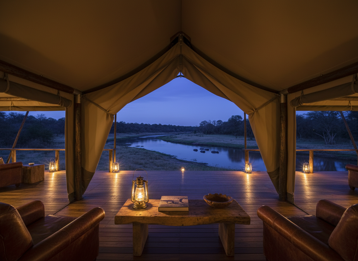 A sophisticated safari lounge on a raised deck in South Africa, looking out over a riverbend and dusky bushveld horizon.