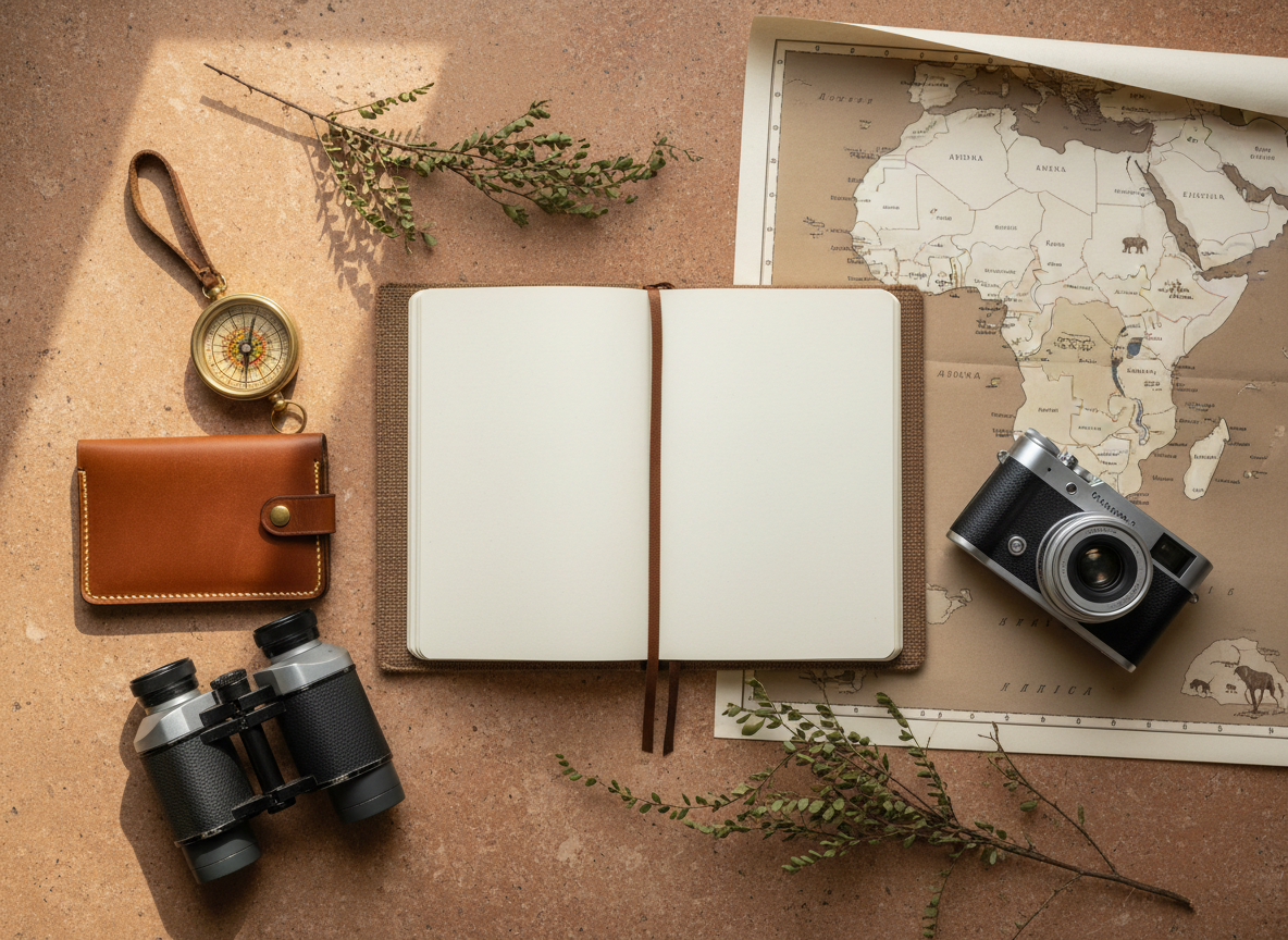 An overhead photographic realism shot of a meticulously curated luxury travel flat lay themed around Africa. On a textured, warm sandstone-colored surface, there is an open, cloth-bound travel journal with blank cream pages, a vintage brass compass, a fine leather passport wallet, and a pair of high-end binoculars with subtle wear on the leather grip. Beside them rests a detailed, muted-tone map of Africa with delicately folded corners, a slim mirrorless camera with a prime lens, and a few dried indigenous plant sprigs adding organic character. Soft, diffused window light from one side creates gentle shadows and low-contrast highlights, emphasizing the tactile materials. The mood is aspirational, organized, and quietly adventurous, suggesting thoughtful, high-end trip planning. The composition is carefully balanced yet relaxed, with objects slightly angled for a natural, un-staged feel.
