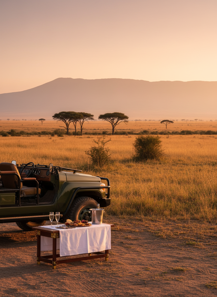 A sweeping panoramic view of an iconic African savannah at golden hour, captured in photographic realism. In the foreground, a meticulously detailed luxury safari vehicle is parked beside a discreetly elegant picnic setup: a low wooden campaign table draped in crisp linen, crystal water glasses, and a silver ice bucket catching the warm light. Rolling grasslands stretch toward a distant acacia tree line and a hazy mountain silhouette. The sky glows in soft amber and blush tones, with the sun just kissing the horizon. The mood is serene and sophisticated, emphasizing exclusivity and space. Shot from a slightly elevated eye-level angle with sharp focus throughout, subtly framing the scene using the rule of thirds to draw the eye from the refined foreground details into the expansive, wild landscape beyond.