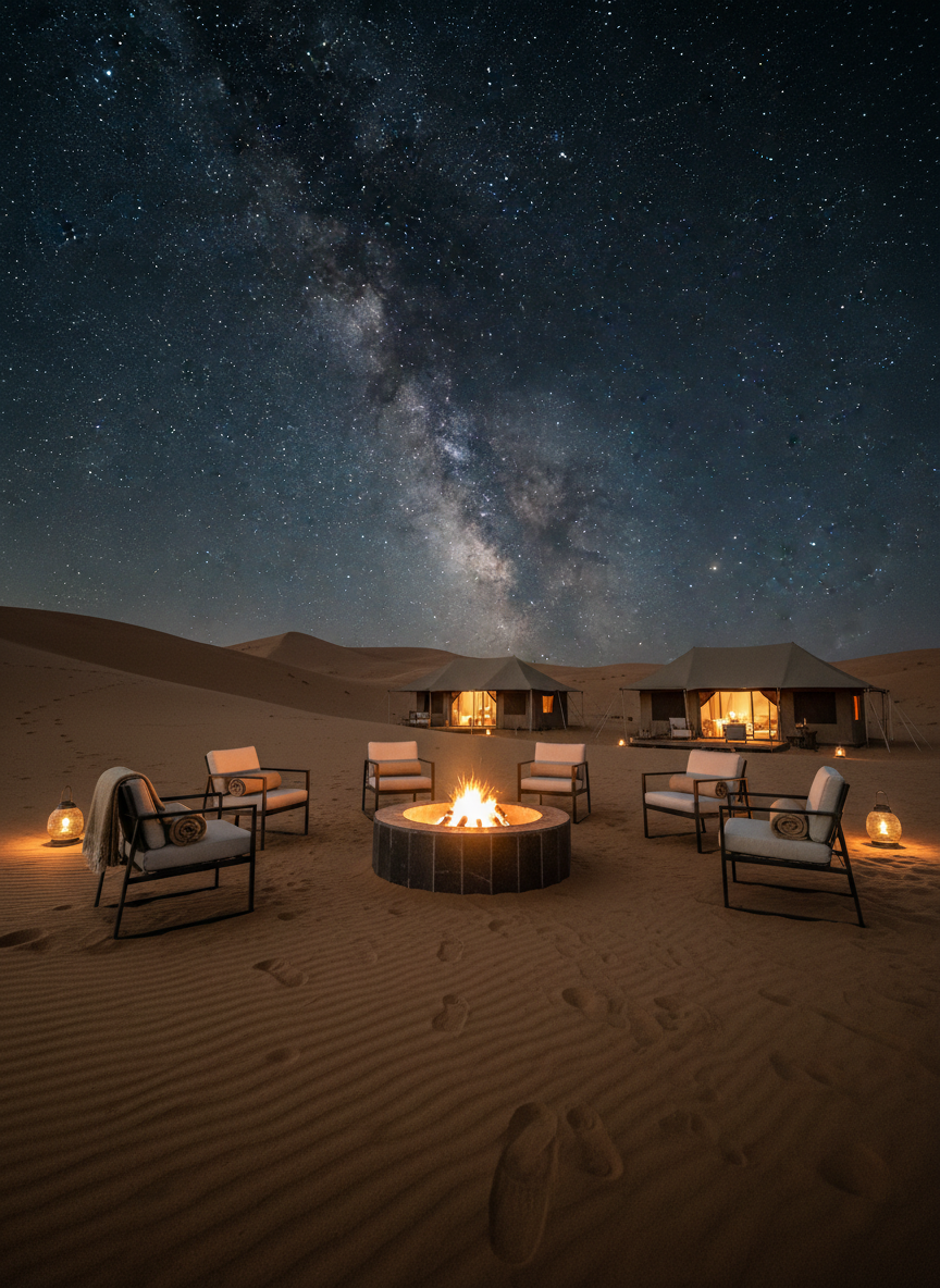 A luxury tented camp set among Namibia's desert dunes under a clear, star-filled sky, viewed from a softly lit firepit circle.