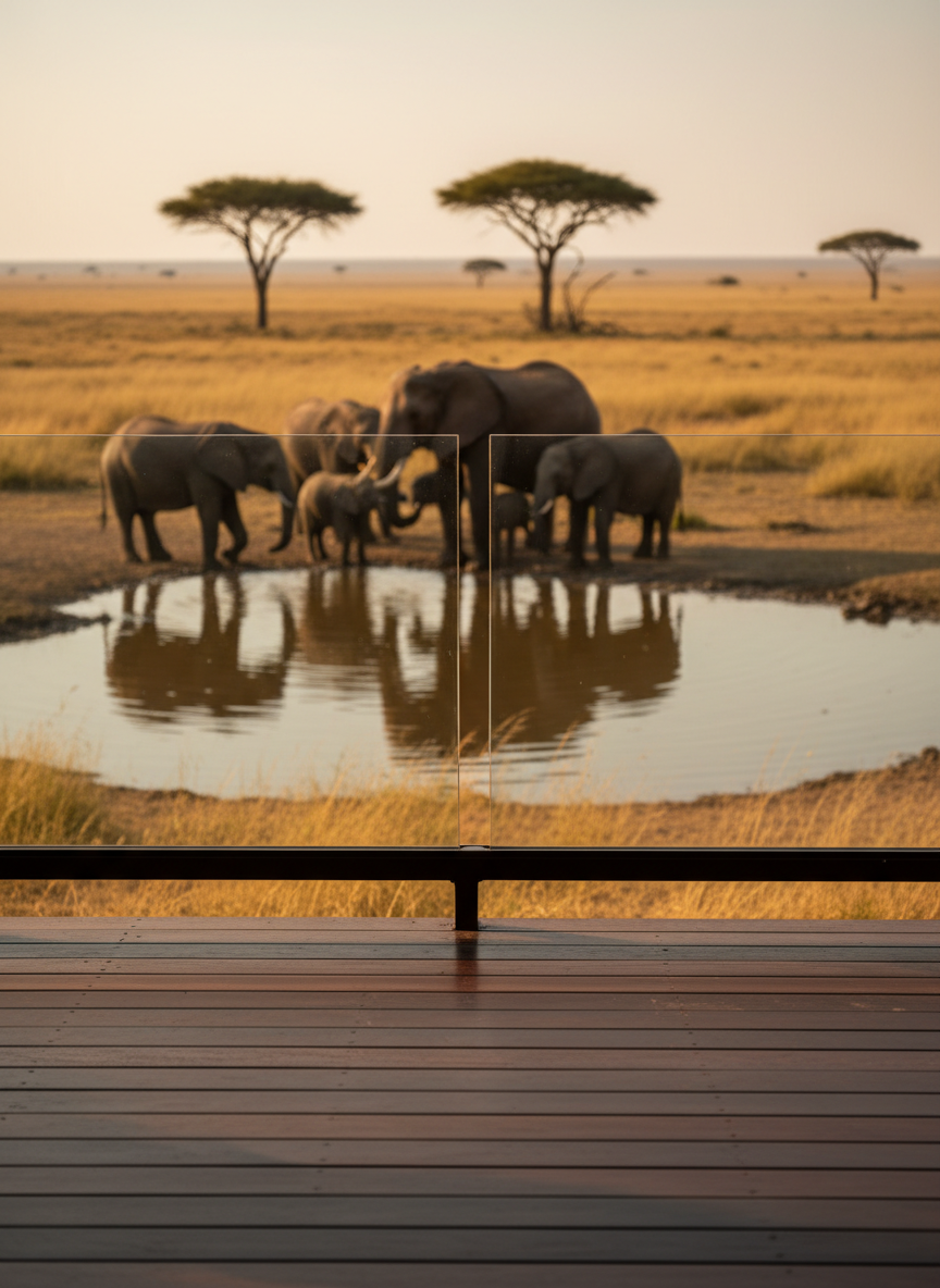 An evocative photographic realism scene of wildlife viewed from a luxury perspective: the foreground shows the edge of a polished wooden safari deck with a subtle, low glass safety barrier, its grain glowing in late afternoon light. Beyond, a family of elephants drinks at a natural waterhole, their reflections stretching across the rippled surface. Sparse golden grasses and scattered acacia trees dot the background, fading into a heat-hazed horizon. The camera is positioned at deck height, using a wide aperture to render the deck rail in crisp focus while the elephants are slightly softened, creating a sense of respectful distance. The color palette is warm and earthy, with a dignified, tranquil mood that highlights the privilege of observing wildlife unobtrusively from a refined, thoughtfully designed vantage point.