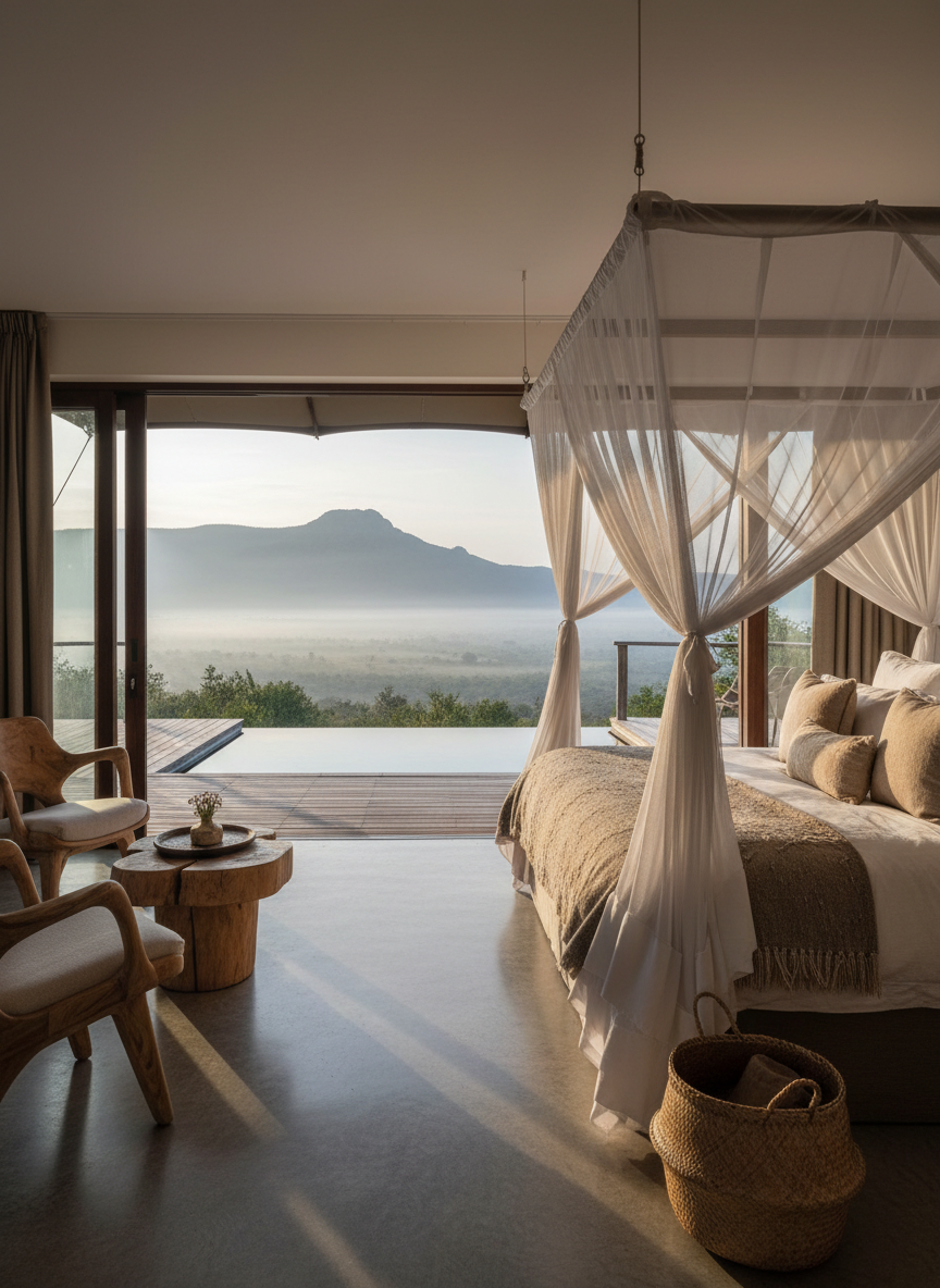 An ultra-luxury safari lodge suite interior in photographic realism, featuring a large canopy bed with crisp white linen, textured taupe throws, and carefully layered natural-fiber cushions. The bed faces fully retractable glass doors that open onto a private wooden deck with an infinity plunge pool overlooking a vast, misty valley. Polished concrete floors, sculpted wooden furniture, and woven baskets add tactile African design elements. Early morning light streams softly through, creating gentle reflections on the pool surface and subtle shadows along the floor. The atmosphere is calm, indulgent, and intimate. Captured from a slightly wide angle at eye level, with a clear line of sight from the plush bed out to the horizon, emphasizing the seamless connection between sophisticated interior comfort and untamed nature.