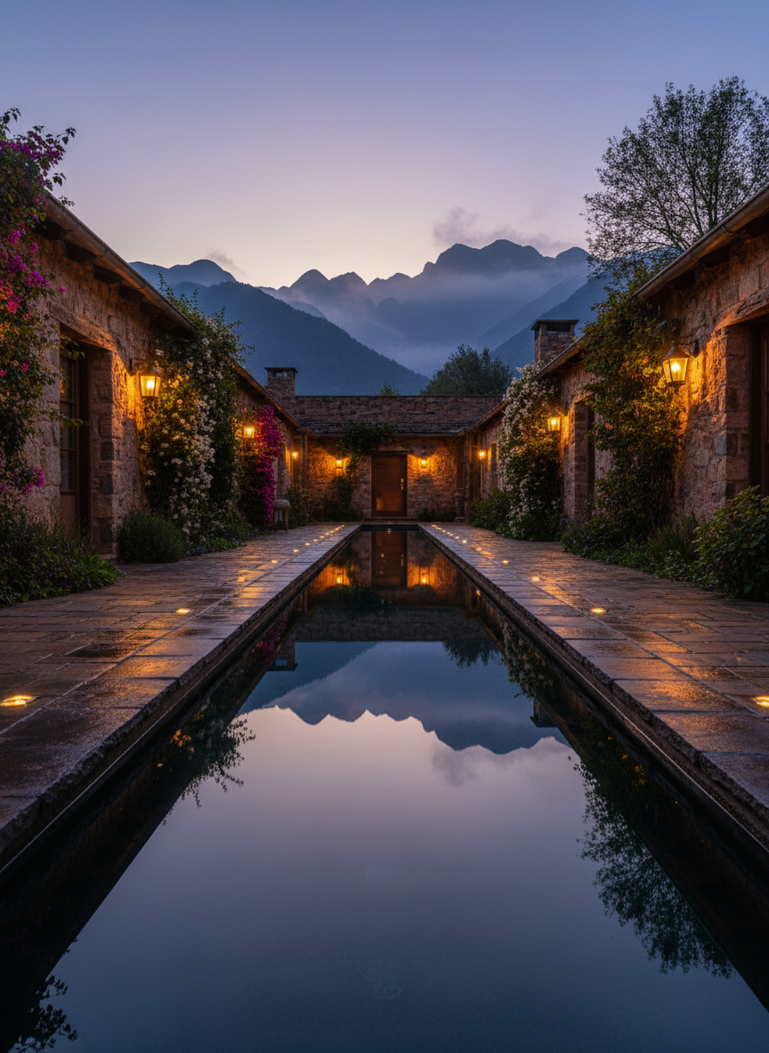 A hidden gem boutique lodge courtyard tucked within a lush African mountainscape, shown in photographic realism. Centered is a narrow, elongated reflection pool with dark stone edges and still, mirror-like water that captures the twilight sky and surrounding lanterns. Around it, low-slung stone buildings with earth-toned plaster and timber beams are partially cloaked in climbing greenery. Discreet brass wall sconces and recessed floor lights emit a soft, golden glow that grazes textured walls and casts elegant reflections across the water. Mist clings to the distant, layered hills beyond the courtyard walls. Shot from a low angle along the length of the pool, with strong leading lines pulling the eye toward the mountains. The mood is intimate, secretive, and refined, evoking the allure of discovering an exclusive, little-known retreat.