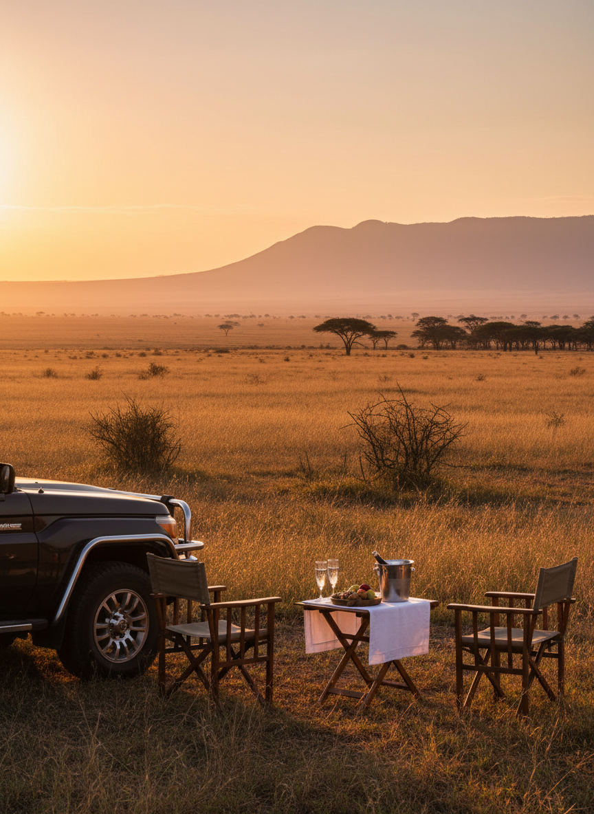 A sweeping panoramic view of an iconic African savannah at golden hour, captured in photographic realism. In the foreground, a meticulously detailed luxury safari vehicle is parked beside a discreetly elegant picnic setup: a low wooden campaign table draped in crisp linen, crystal water glasses, and a silver ice bucket catching the warm light. Rolling grasslands stretch toward a distant acacia tree line and a hazy mountain silhouette. The sky glows in soft amber and blush tones, with the sun just kissing the horizon. The mood is serene and sophisticated, emphasizing exclusivity and space. Shot from a slightly elevated eye-level angle with sharp focus throughout, subtly framing the scene using the rule of thirds to draw the eye from the refined foreground details into the expansive, wild landscape beyond.