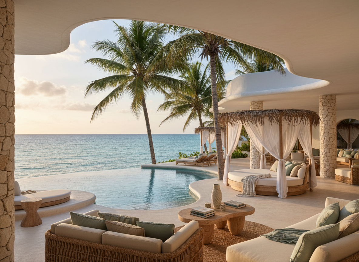 Coastal luxury beach villa in Zanzibar with whitewashed architecture and turquoise ocean