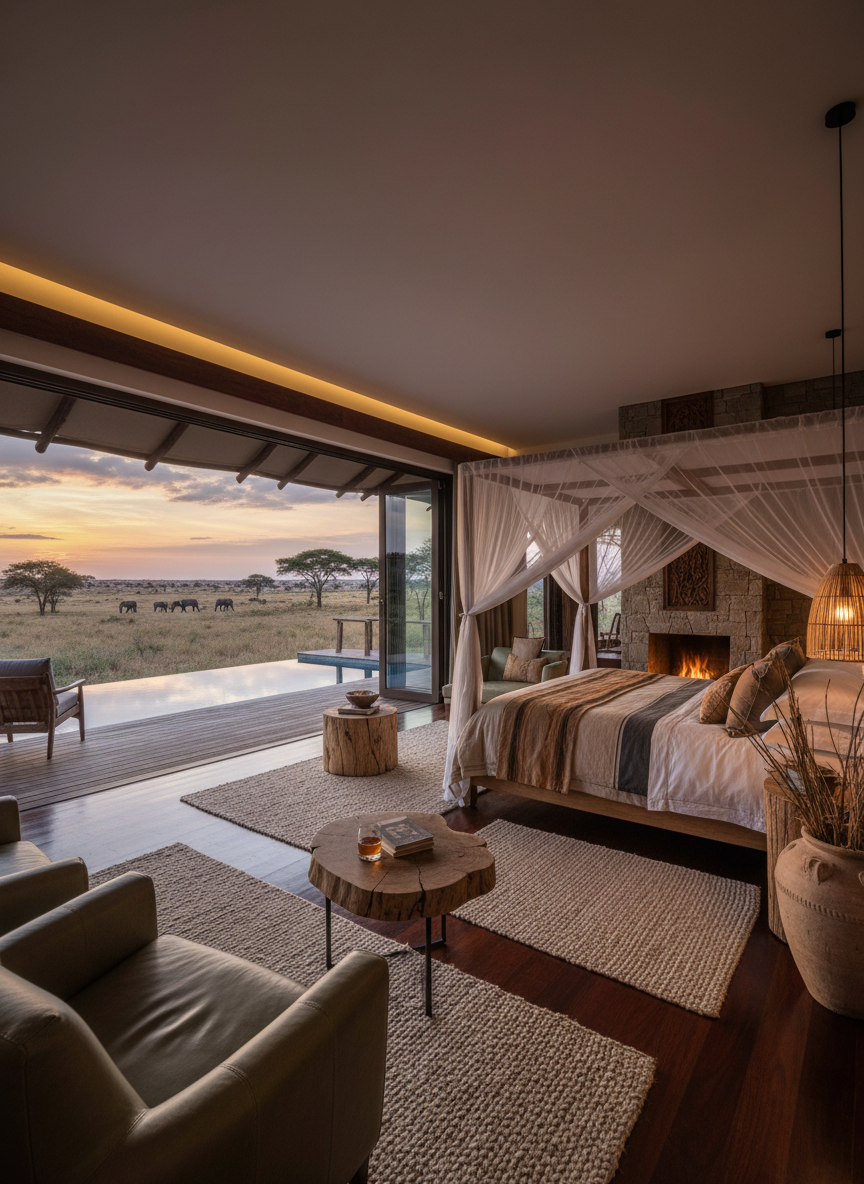 Elegant luxury lodge suite interior opening onto a private deck with an infinity pool and endless savannah view at sunset