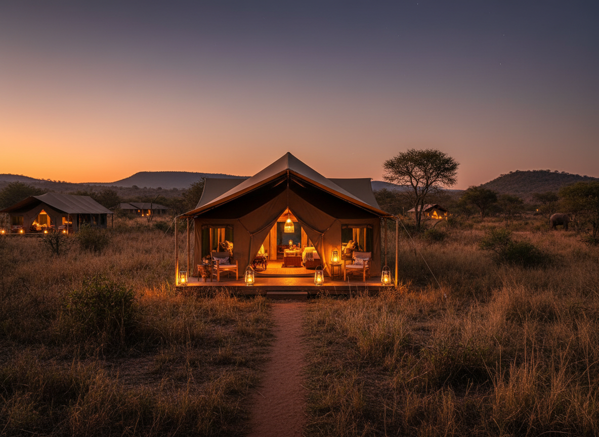 Luxury tented safari camp exterior at dusk with warm lantern light surrounded by bushveld