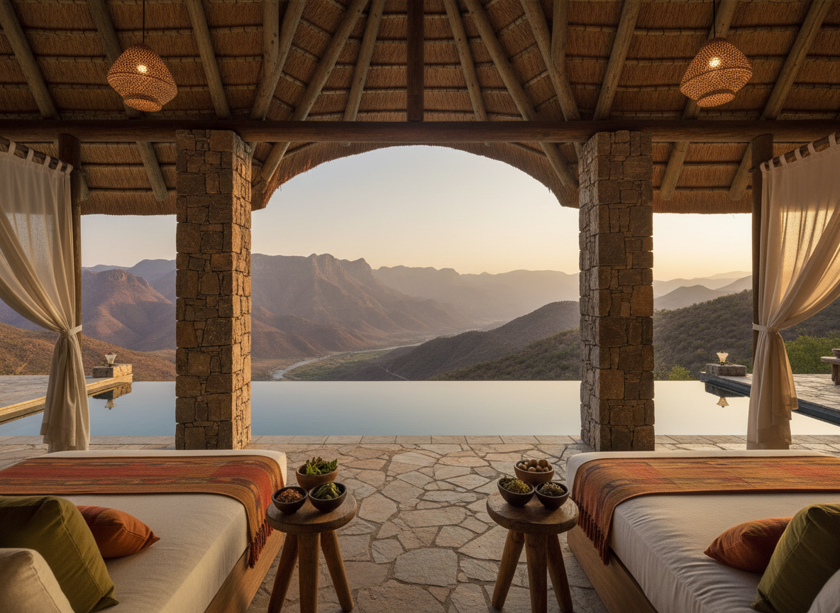 Elegant open-air wellness retreat spa pavilion overlooking mountains in serene earthy tones